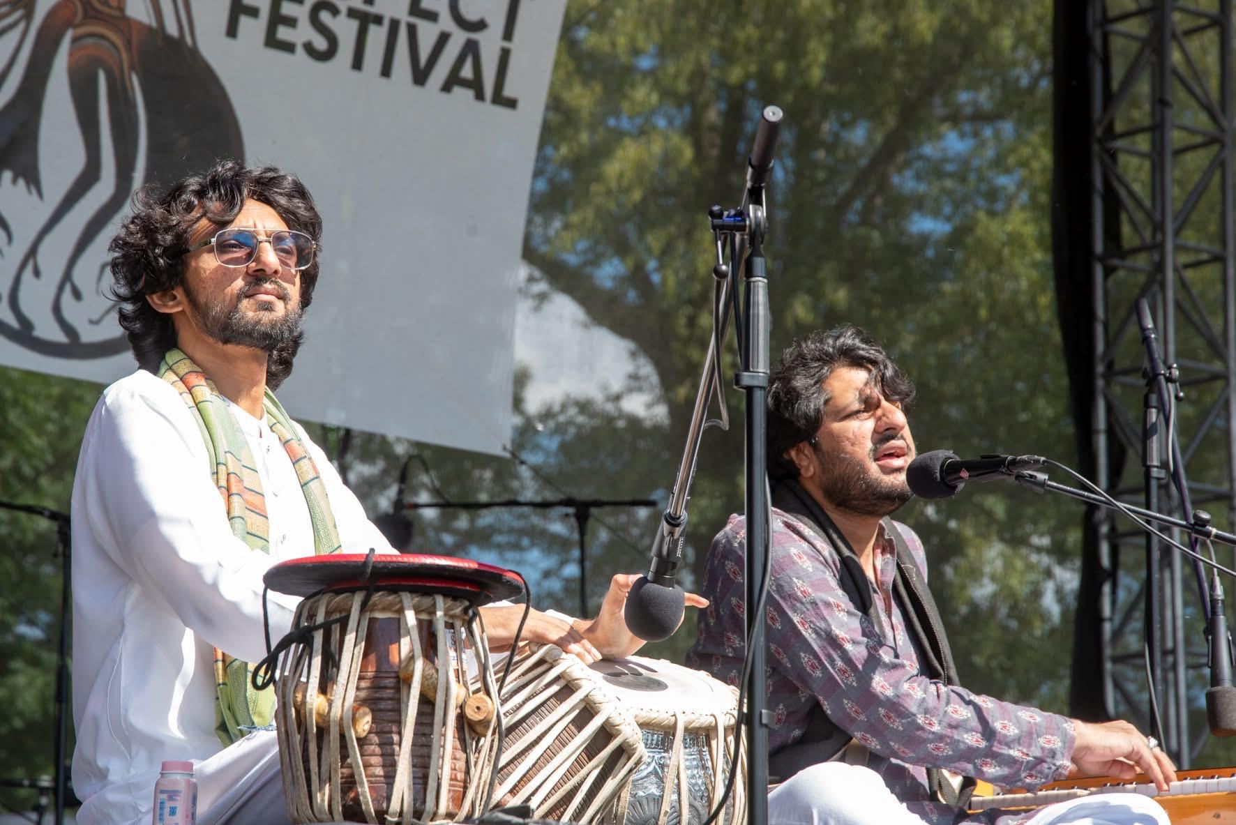 Asher Shehzad playing tabla on stage at Respect Festival, Prague